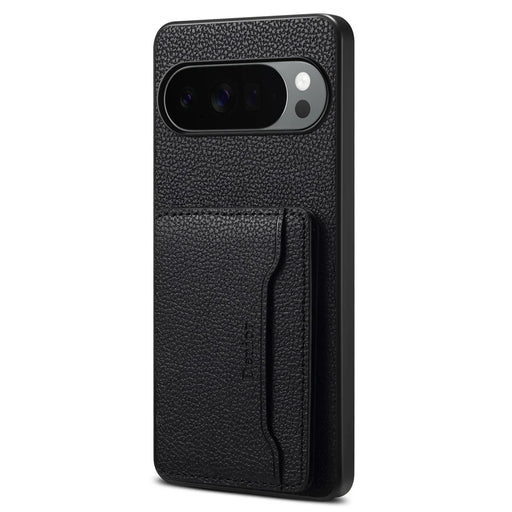 DENIOR D30 For Google Pixel 10 Pro XL Magnetic Case Detachable Card Holder Kickstand Litchi Texture Leather Back Phone Cover - Black - 1