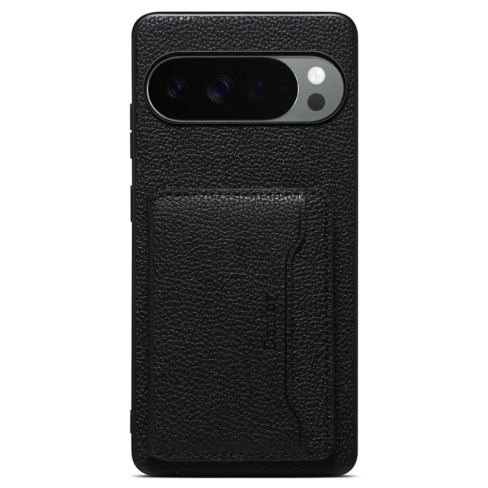 DENIOR D30 For Google Pixel 10 Pro XL Magnetic Case Detachable Card Holder Kickstand Litchi Texture Leather Back Phone Cover - Black - 2