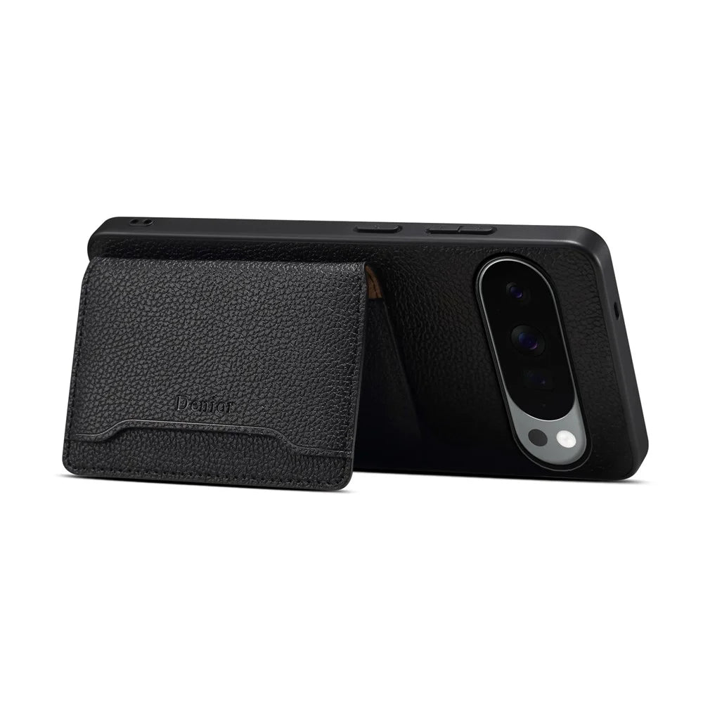 DENIOR D30 For Google Pixel 10 Pro XL Magnetic Case Detachable Card Holder Kickstand Litchi Texture Leather Back Phone Cover - Black - 3