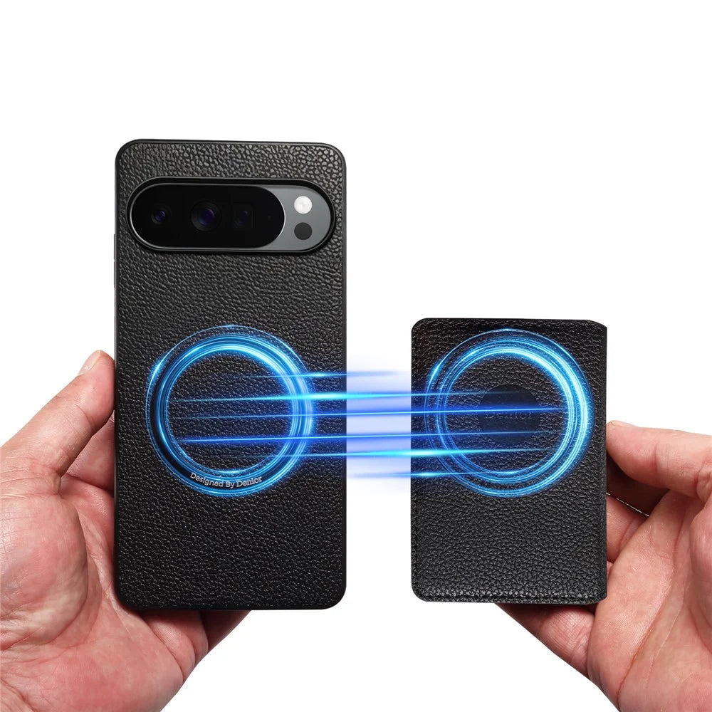 DENIOR D30 For Google Pixel 10 Pro XL Magnetic Case Detachable Card Holder Kickstand Litchi Texture Leather Back Phone Cover - Black - 6