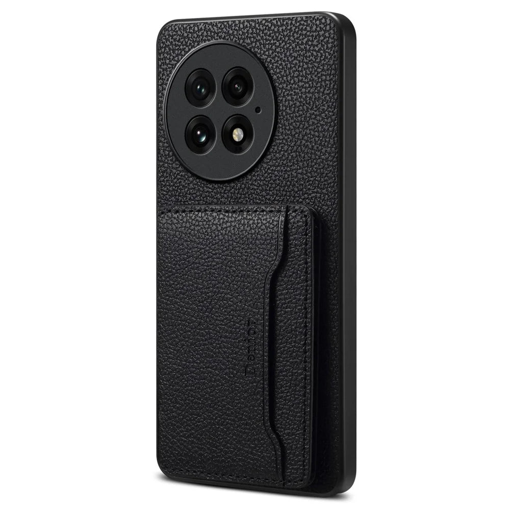 DENIOR D30 For OnePlus 13 Magnetic Case Detachable Card Holder Kickstand Litchi Texture Leather Back Phone Cover - Black - 1