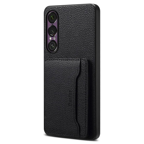 DENIOR D30 For Sony Xperia 1 VII Magnetic Case Detachable Card Holder Kickstand Litchi Texture Leather Back Phone Cover - Black - 1