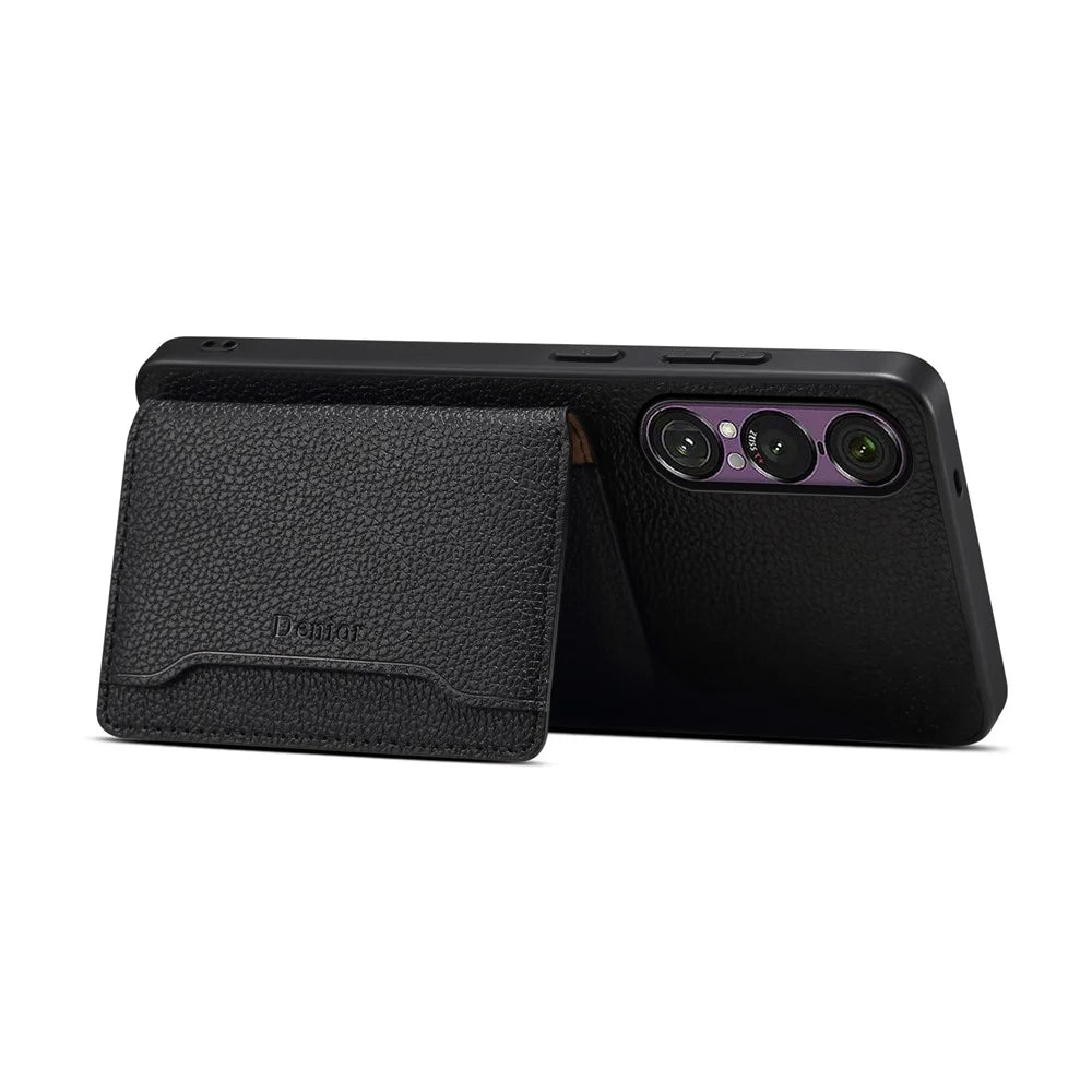 DENIOR D30 For Sony Xperia 1 VII Magnetic Case Detachable Card Holder Kickstand Litchi Texture Leather Back Phone Cover - Black - 3