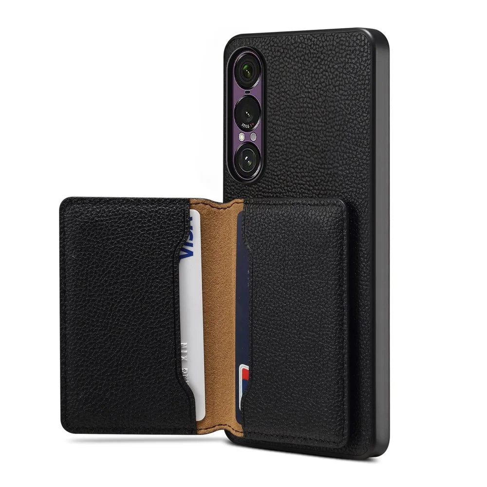 DENIOR D30 For Sony Xperia 1 VII Magnetic Case Detachable Card Holder Kickstand Litchi Texture Leather Back Phone Cover - Black - 4