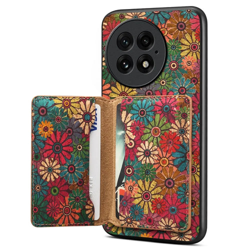 For OnePlus 13 Magnetic Case Floral Pattern PU Leather TPU Phone Cover with Detachable Card Holder - Green - 1