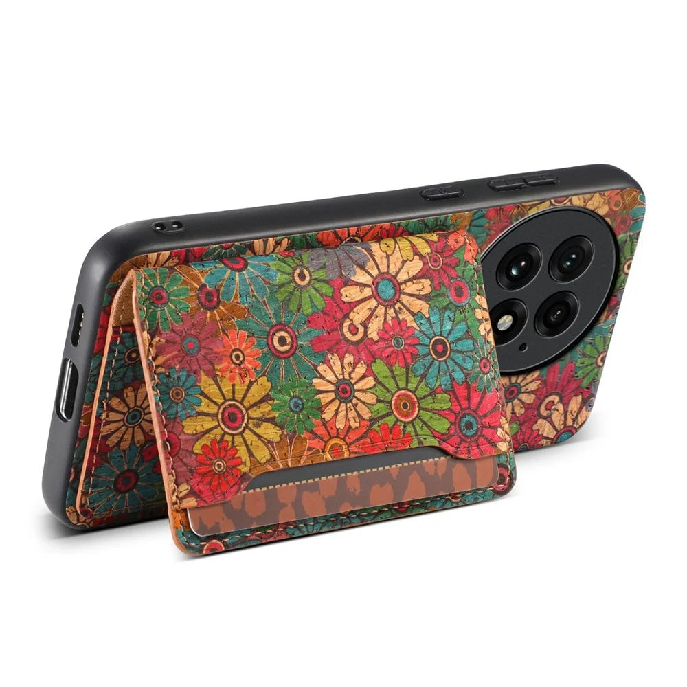 For OnePlus 13 Magnetic Case Floral Pattern PU Leather TPU Phone Cover with Detachable Card Holder - Green - 4