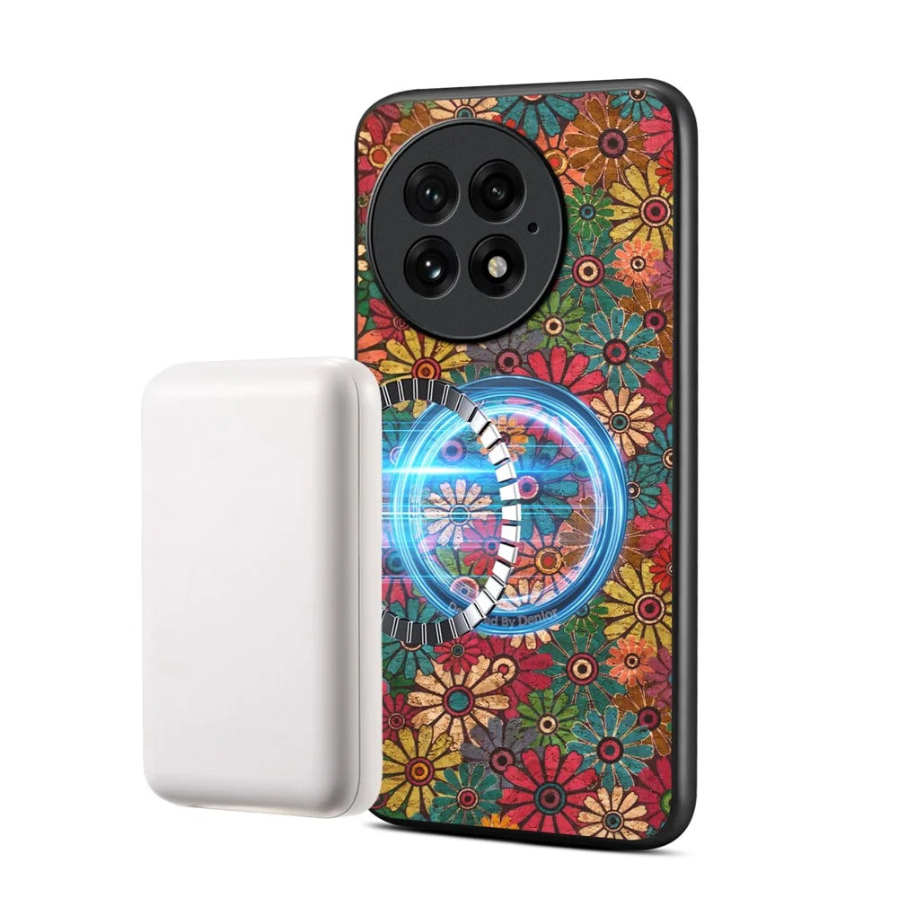 For OnePlus 13 Magnetic Case Floral Pattern PU Leather TPU Phone Cover with Detachable Card Holder - Green - 5