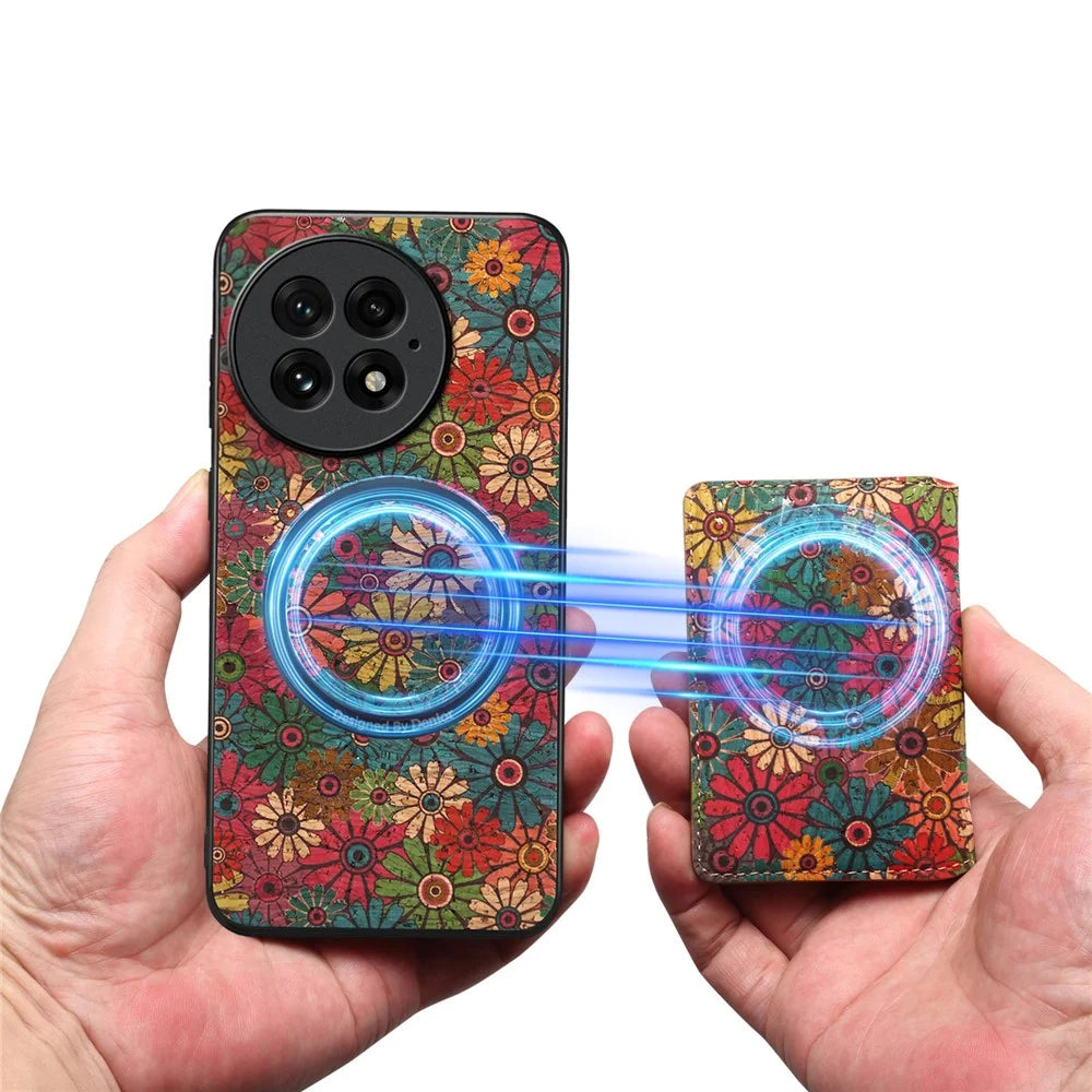 For OnePlus 13 Magnetic Case Floral Pattern PU Leather TPU Phone Cover with Detachable Card Holder - Green - 7