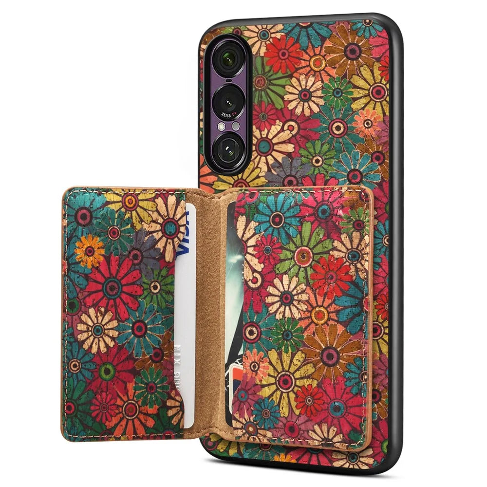 For Sony Xperia 1 VII Magnetic Case Floral Pattern PU Leather TPU Phone Cover with Detachable Card Holder - Green - 1