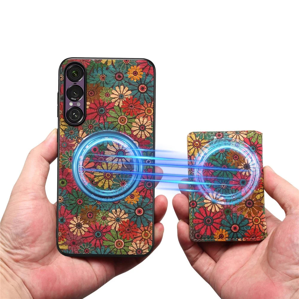 For Sony Xperia 1 VII Magnetic Case Floral Pattern PU Leather TPU Phone Cover with Detachable Card Holder - Green - 7