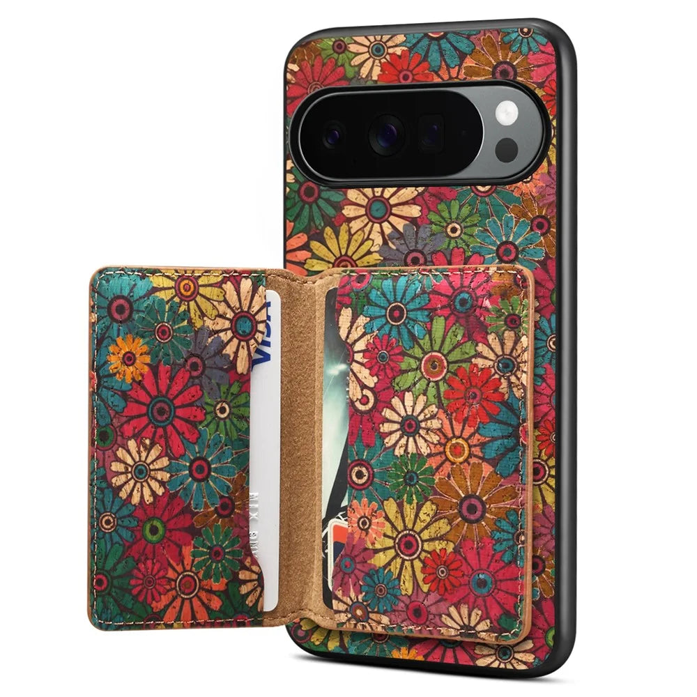 For Google Pixel 10 Pro XL Magnetic Case Floral Pattern PU Leather TPU Phone Cover with Detachable Card Holder - Green - 1