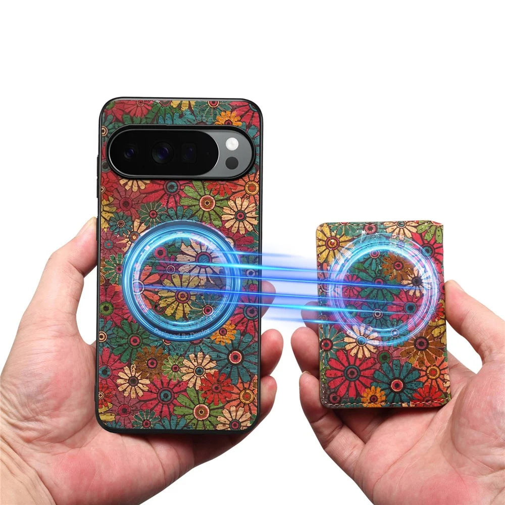 For Google Pixel 10 Pro XL Magnetic Case Floral Pattern PU Leather TPU Phone Cover with Detachable Card Holder - Green - 7