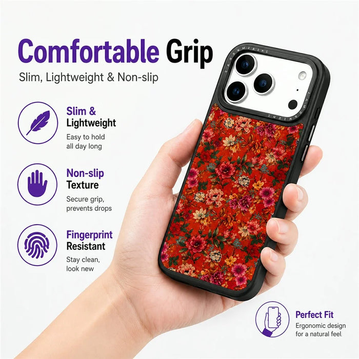 For iPhone 17 Pro Max Magnetic Case Floral Pattern PU Leather PC TPU Shockproof Cover - Red - 7