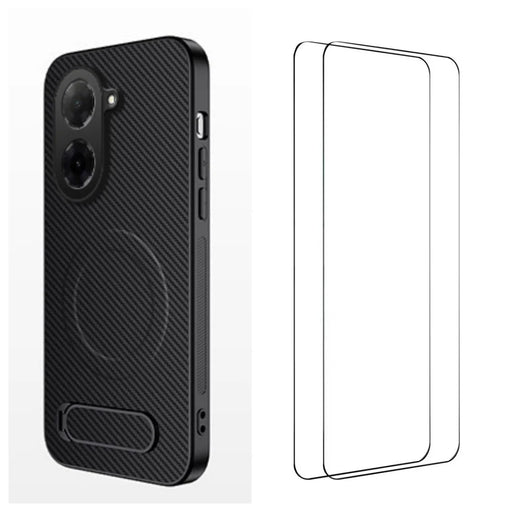 WANLONFENG for Xiaomi Redmi A5 NFC (EU) (173.45mm) QT1 Series Magnetic Case with 2Pcs Tempered Glass Films Kickstand Carbon Fiber Texture PC TPU Phone Cover - Black - 1