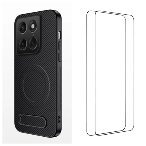 WANLONFENG for Motorola Edge 70 Fusion+ 5G / Motorola Edge 70 Fusion 5G QT1 Series Magnetic Case with 2Pcs Tempered Glass Films Kickstand Carbon Fiber Texture PC TPU Phone Cover - Black - 1