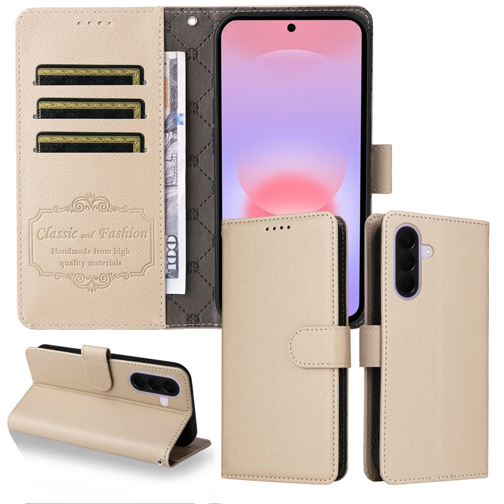 For Samsung Galaxy A27 5G Case RFID Blocking 3 Card Slots PU Leather Phone Cover with Wrist Strap - Creamy White - 3