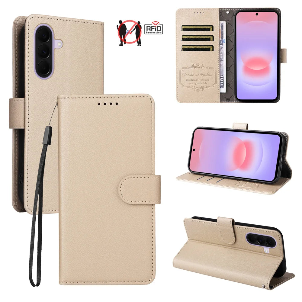 For Samsung Galaxy A27 5G Case RFID Blocking 3 Card Slots PU Leather Phone Cover with Wrist Strap - Creamy White - 4
