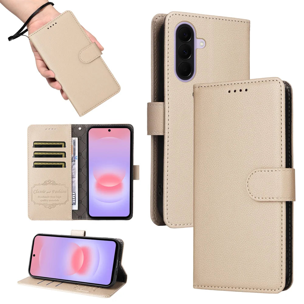 For Samsung Galaxy A27 5G Case RFID Blocking 3 Card Slots PU Leather Phone Cover with Wrist Strap - Creamy White - 5