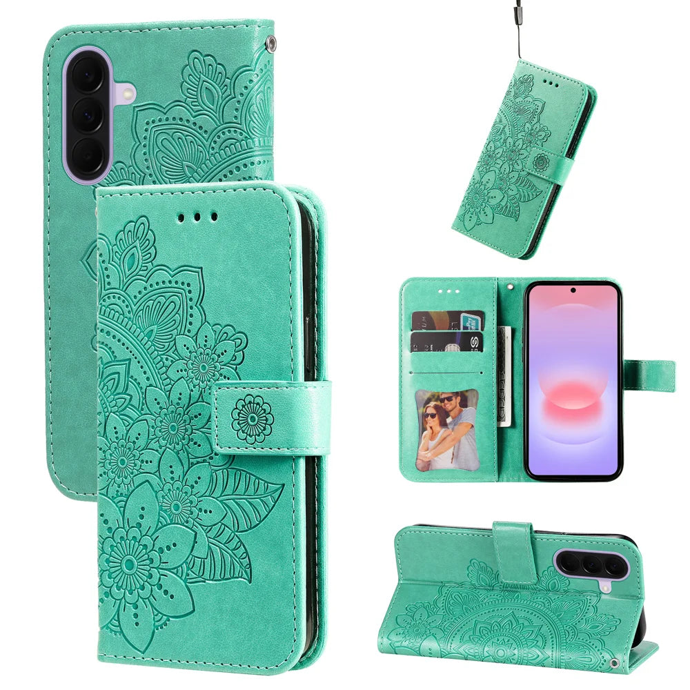 For Samsung Galaxy A27 5G Case Floral Pattern PU Leather Wallet Stand Phone Cover - Green - 3