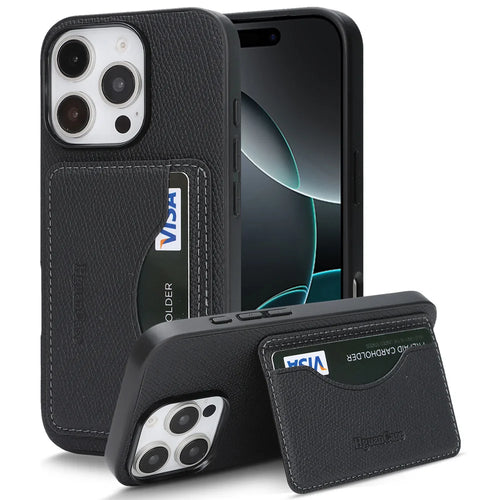 For iPhone 13 Pro HGUANCASE Case Vintage Leather TPU Phone Cover with Magnetic Card Holder Kickstand - Black - 1