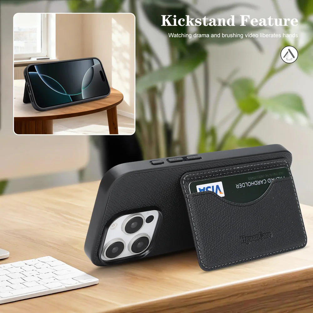 For iPhone 14 Pro HGUANCASE Case Vintage Leather TPU Phone Cover with Magnetic Card Holder Kickstand - Black - 6