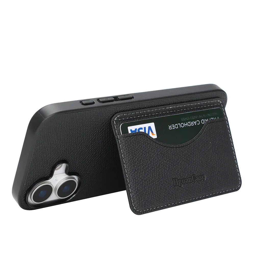 For iPhone 16 HGUANCASE Case Vintage Leather TPU Phone Cover with Magnetic Card Holder Kickstand - Black - 3