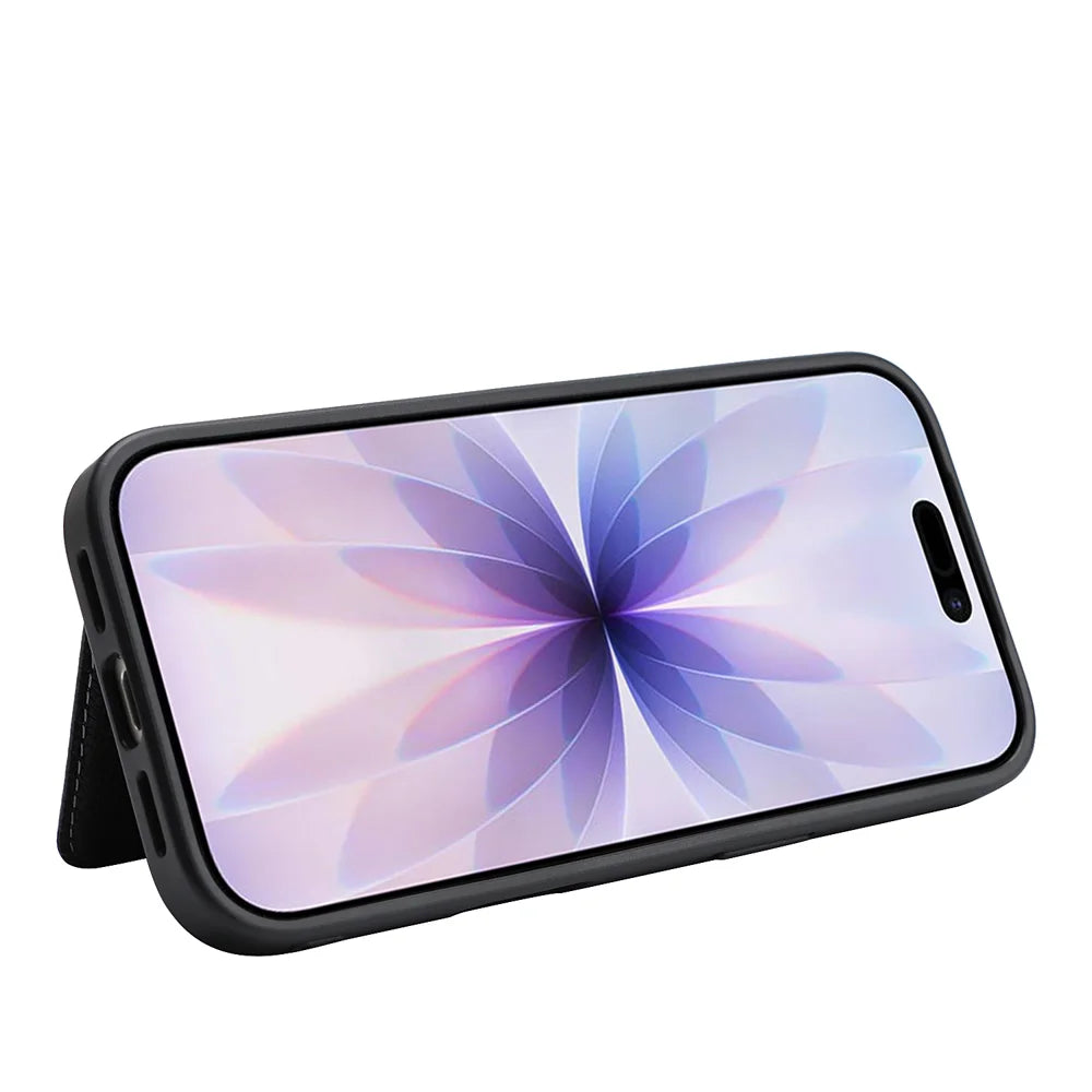 For iPhone 16 HGUANCASE Case Vintage Leather TPU Phone Cover with Magnetic Card Holder Kickstand - Black - 4