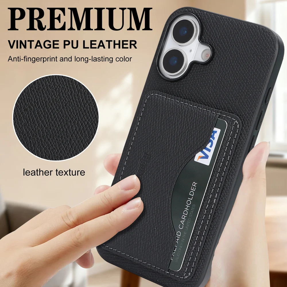 For iPhone 16 HGUANCASE Case Vintage Leather TPU Phone Cover with Magnetic Card Holder Kickstand - Black - 5