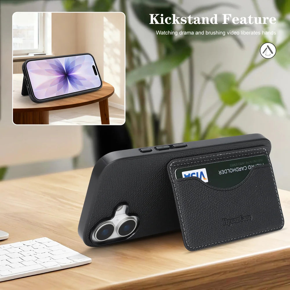 For iPhone 16 HGUANCASE Case Vintage Leather TPU Phone Cover with Magnetic Card Holder Kickstand - Black - 6