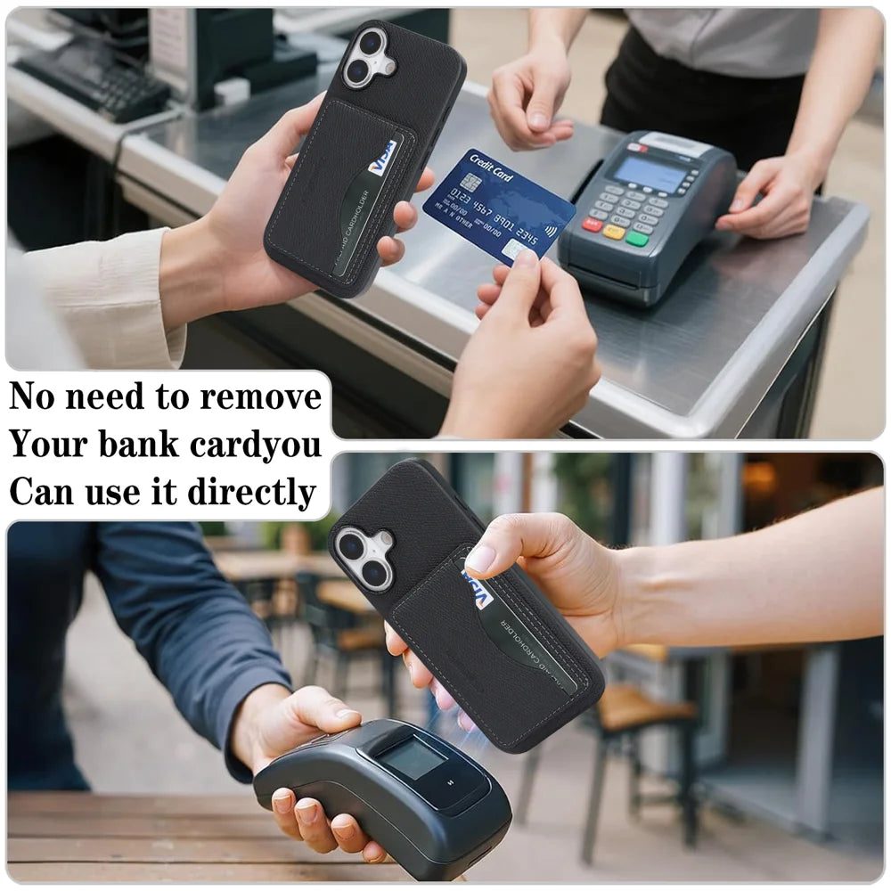 For iPhone 16 HGUANCASE Case Vintage Leather TPU Phone Cover with Magnetic Card Holder Kickstand - Black - 7