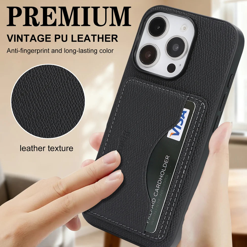 For iPhone 16 Pro HGUANCASE Case Vintage Leather TPU Phone Cover with Magnetic Card Holder Kickstand - Black - 5