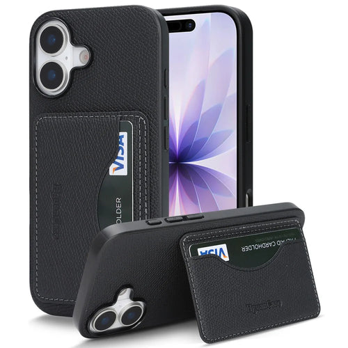 For iPhone 17 HGUANCASE Case Vintage Leather TPU Phone Cover with Magnetic Card Holder Kickstand - Black - 1