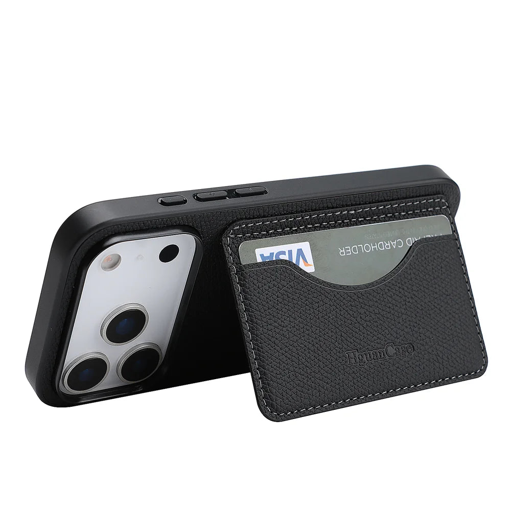 For iPhone 18 Pro / 17 Pro HGUANCASE Case Vintage Leather TPU Phone Cover with Magnetic Card Holder Kickstand - Black - 3