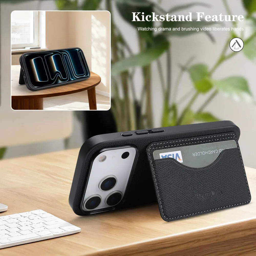 For iPhone 18 Pro / 17 Pro HGUANCASE Case Vintage Leather TPU Phone Cover with Magnetic Card Holder Kickstand - Black - 6