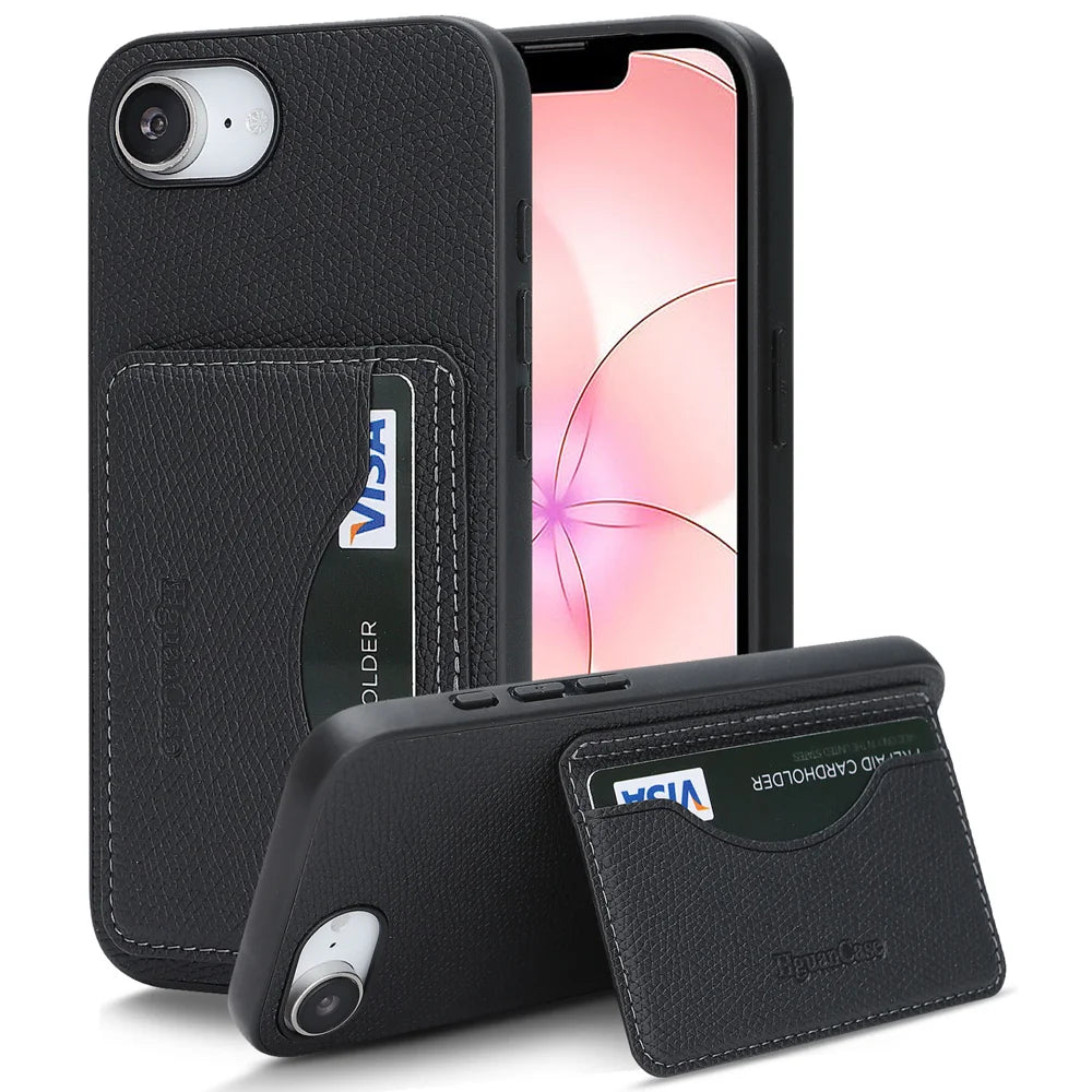 For iPhone 16e / iPhone 17e HGUANCASE Case Vintage Leather TPU Phone Cover with Magnetic Card Holder Kickstand - Black - 1