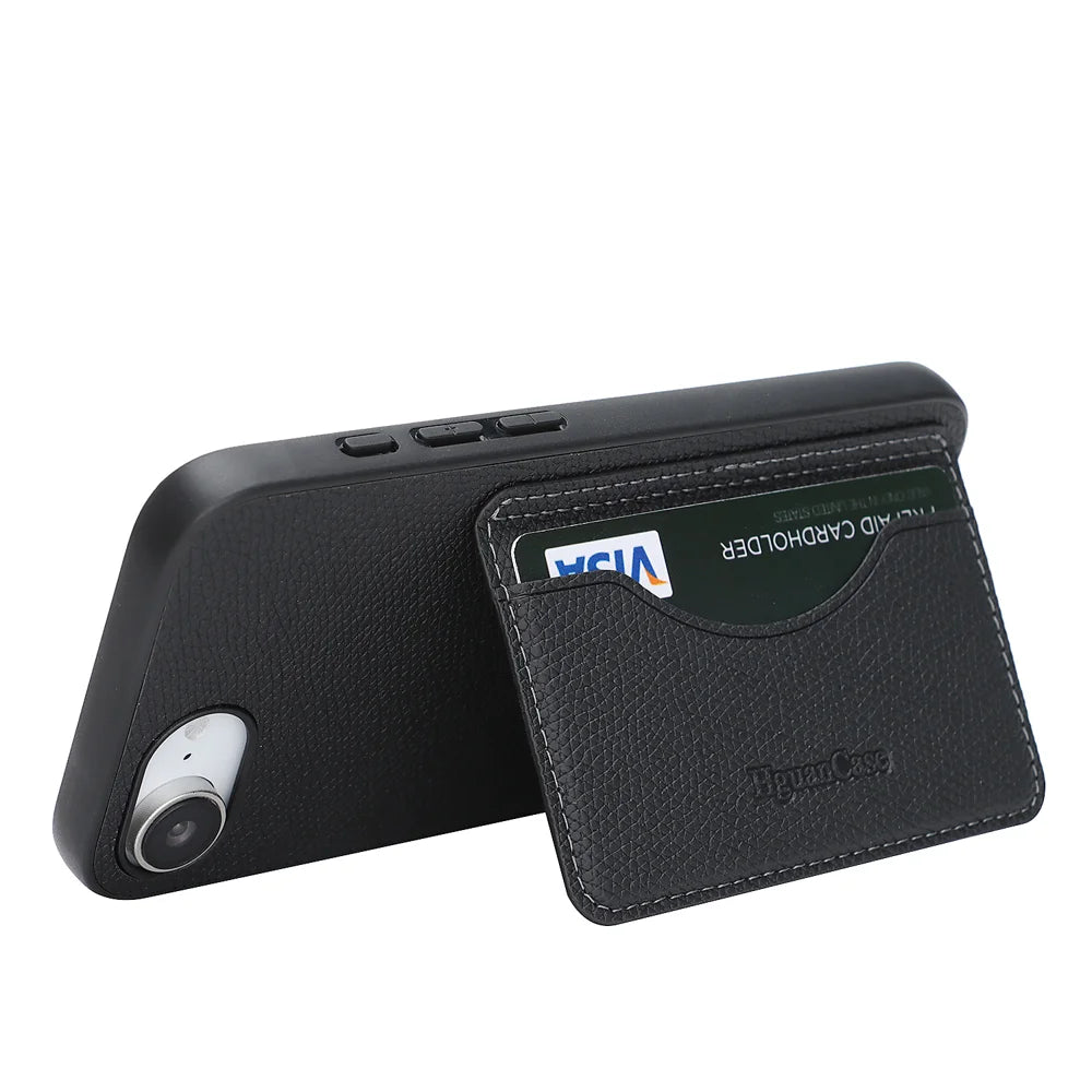 For iPhone 16e / iPhone 17e HGUANCASE Case Vintage Leather TPU Phone Cover with Magnetic Card Holder Kickstand - Black - 3