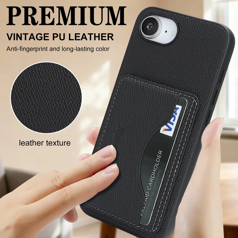 For iPhone 16e / iPhone 17e HGUANCASE Case Vintage Leather TPU Phone Cover with Magnetic Card Holder Kickstand - Black - 5