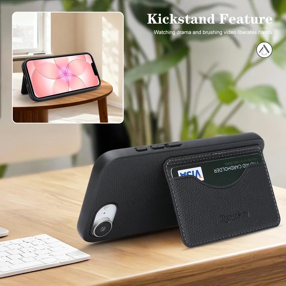 For iPhone 16e / iPhone 17e HGUANCASE Case Vintage Leather TPU Phone Cover with Magnetic Card Holder Kickstand - Black - 6