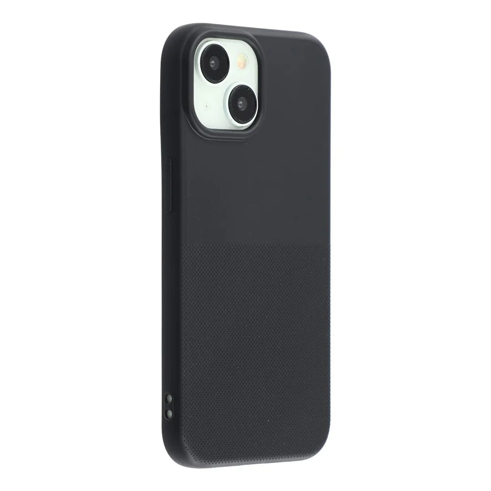 For iPhone 15 Phone Case Dotted Texture Fiber Lining TPU Shockproof Cover  (Big Lens Hole) - Black - 1
