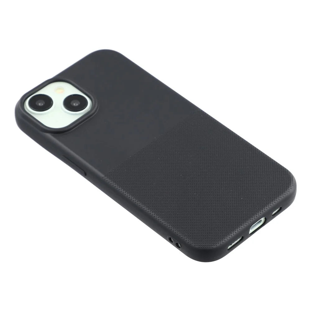For iPhone 15 Phone Case Dotted Texture Fiber Lining TPU Shockproof Cover  (Big Lens Hole) - Black - 4