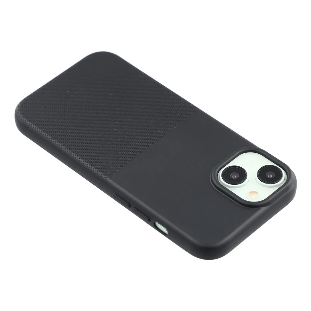 For iPhone 15 Phone Case Dotted Texture Fiber Lining TPU Shockproof Cover  (Big Lens Hole) - Black - 5