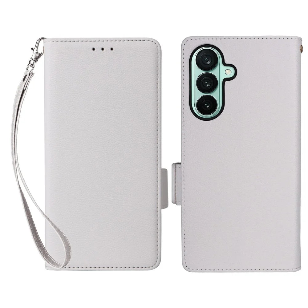 For Samsung Galaxy A27 5G Case Litchi Texture Wallet Leather Phone Cover with Wrist Strap - White - 1