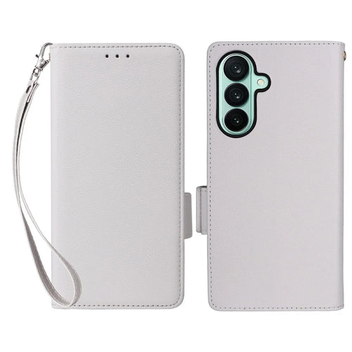 For Samsung Galaxy A27 5G Case Litchi Texture Wallet Leather Phone Cover with Wrist Strap - White - 1