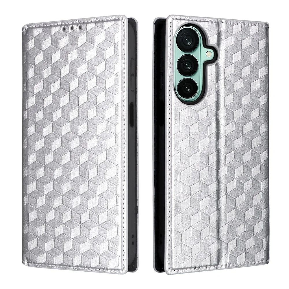 For Samsung Galaxy A27 5G Case Wallet Rhombus Imprinted PU Leather Phone Cover - Silver - 1