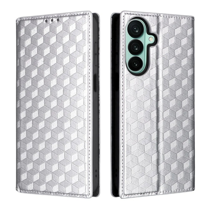 For Samsung Galaxy A27 5G Case Wallet Rhombus Imprinted PU Leather Phone Cover - Silver - 1