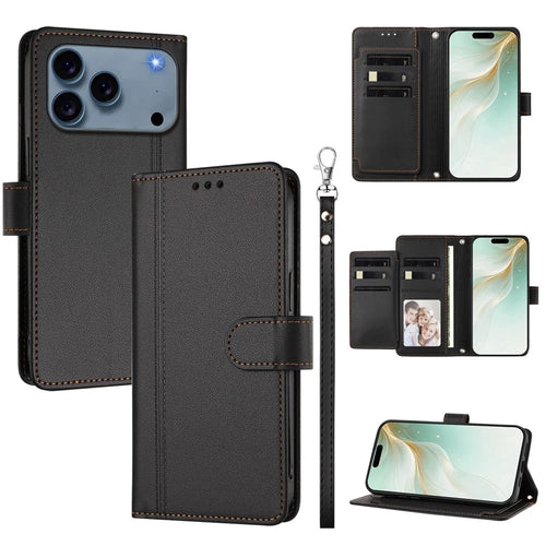 For iPhone 18 Pro Max / 17 Pro Max Case 9 Card Slots PU Leather Flip Wallet Phone Cover with Hand Strap - Black - 1