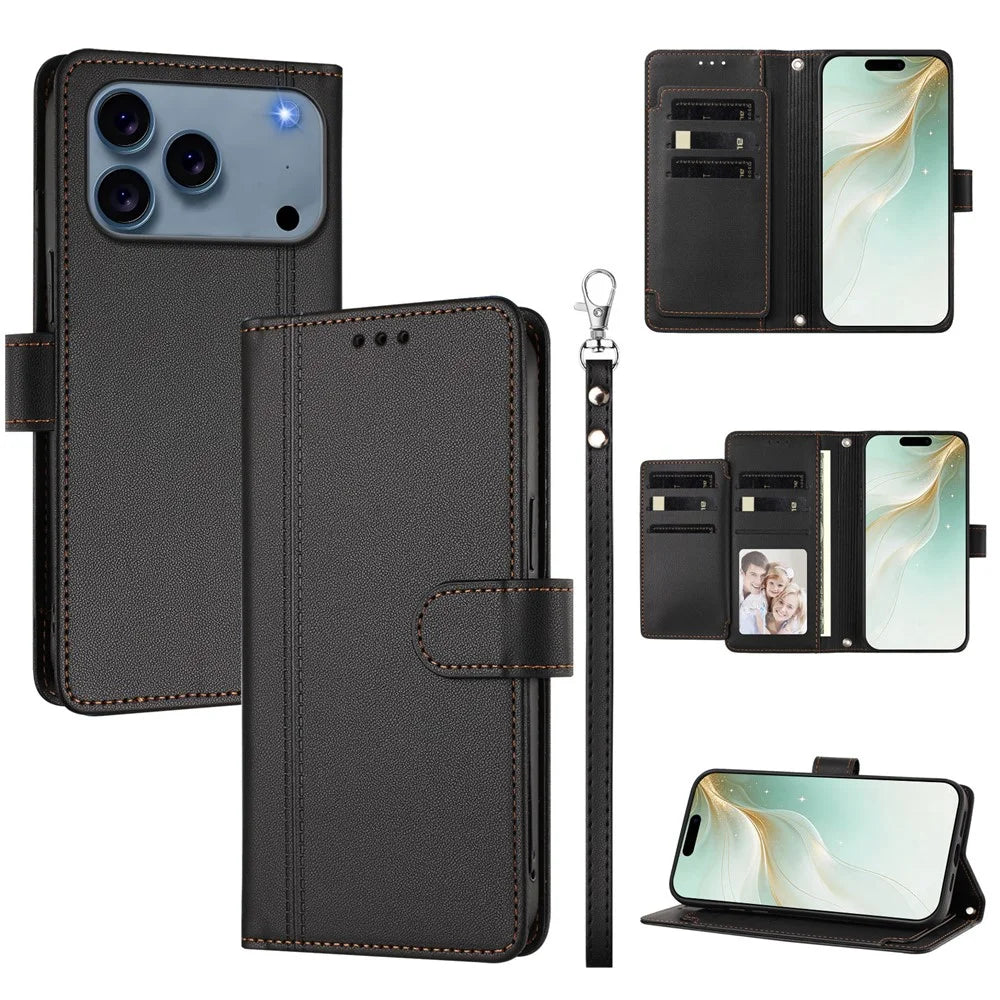 For iPhone 18 Pro Max / 17 Pro Max Case 9 Card Slots PU Leather Flip Wallet Phone Cover with Hand Strap - Black - 1