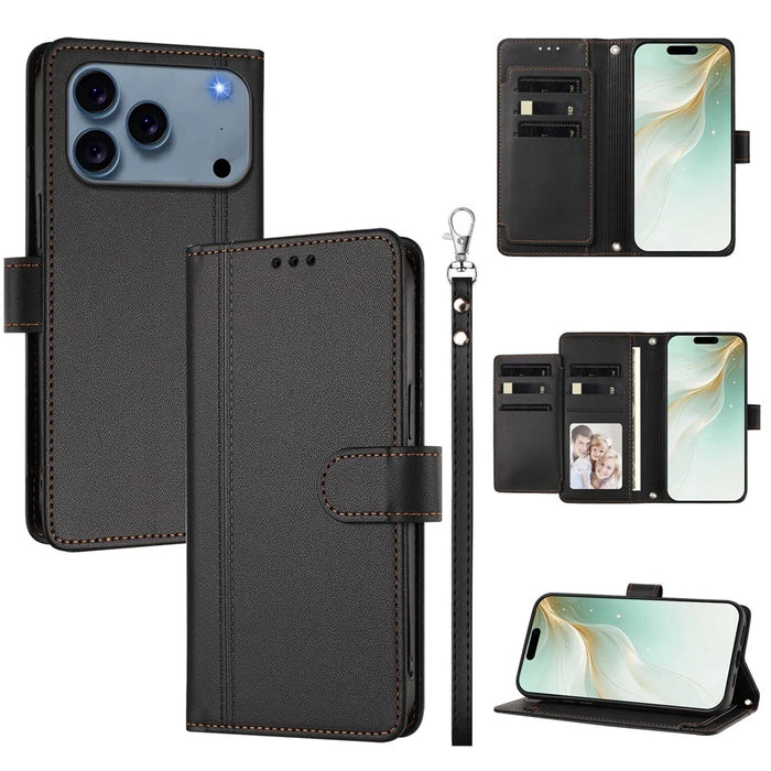 For iPhone 18 Pro Max / 17 Pro Max Case 9 Card Slots PU Leather Flip Wallet Phone Cover with Hand Strap - Black - 1