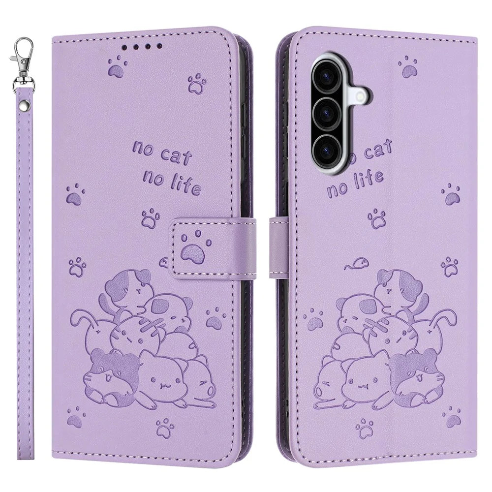 For Samsung Galaxy A27 5G Wallet Case Cats Imprint Leather Phone Cover with Strap - Purple - 1