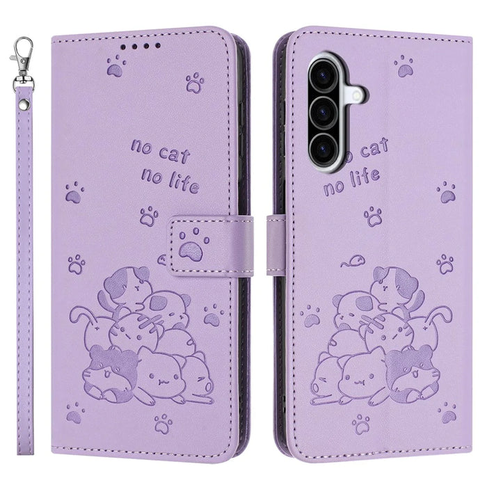 For Samsung Galaxy A27 5G Wallet Case Cats Imprint Leather Phone Cover with Strap - Purple - 1